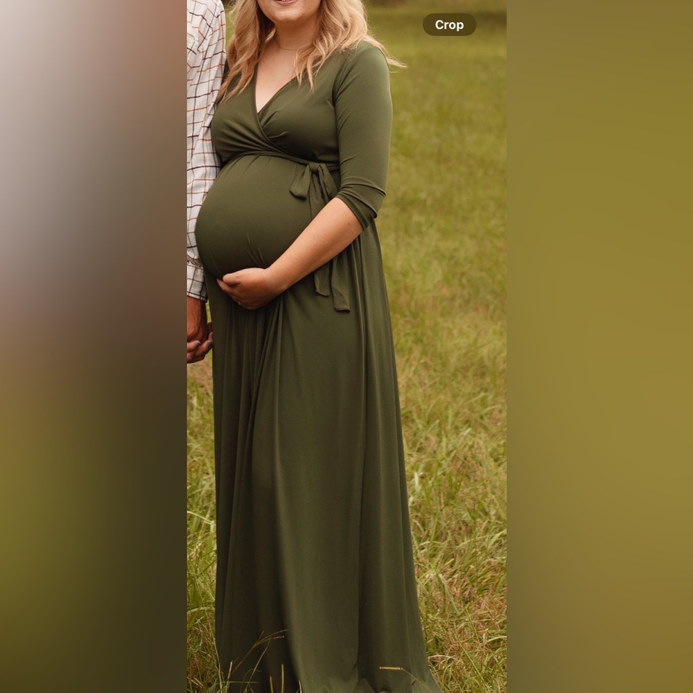 Olive Green Draped 3/4 Sleeve Maternity Maxi Dress